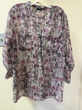 Apt. 9 Women's XL Purple Snakeskin Print Roll Tab Blouse | Sheer Long Sleeve V-N